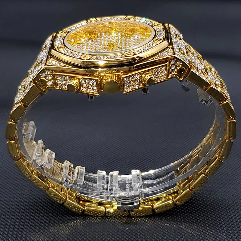 Men Watch Luxury Diamond WristWatch Waterproof Japanese Movement Big Dial Steel Band Hip Hop Rhinestone Gold Gift for Men Clock