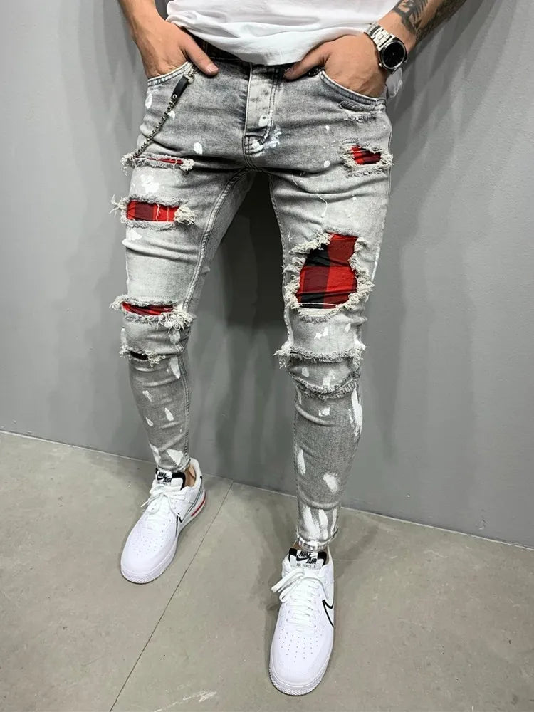 Skinny Ripped Jeans Men 2023 Fashion Grid Beggar Patches Slim Stretch Casual Denim Pencil Pants Painting Jogging Trousers Men