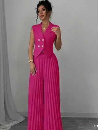 Summer Women's Fashionable Casual Lapel Suit Elegant Commuting Solid Color Sleeveless Top + Trousers Sexy Two-piece Set
