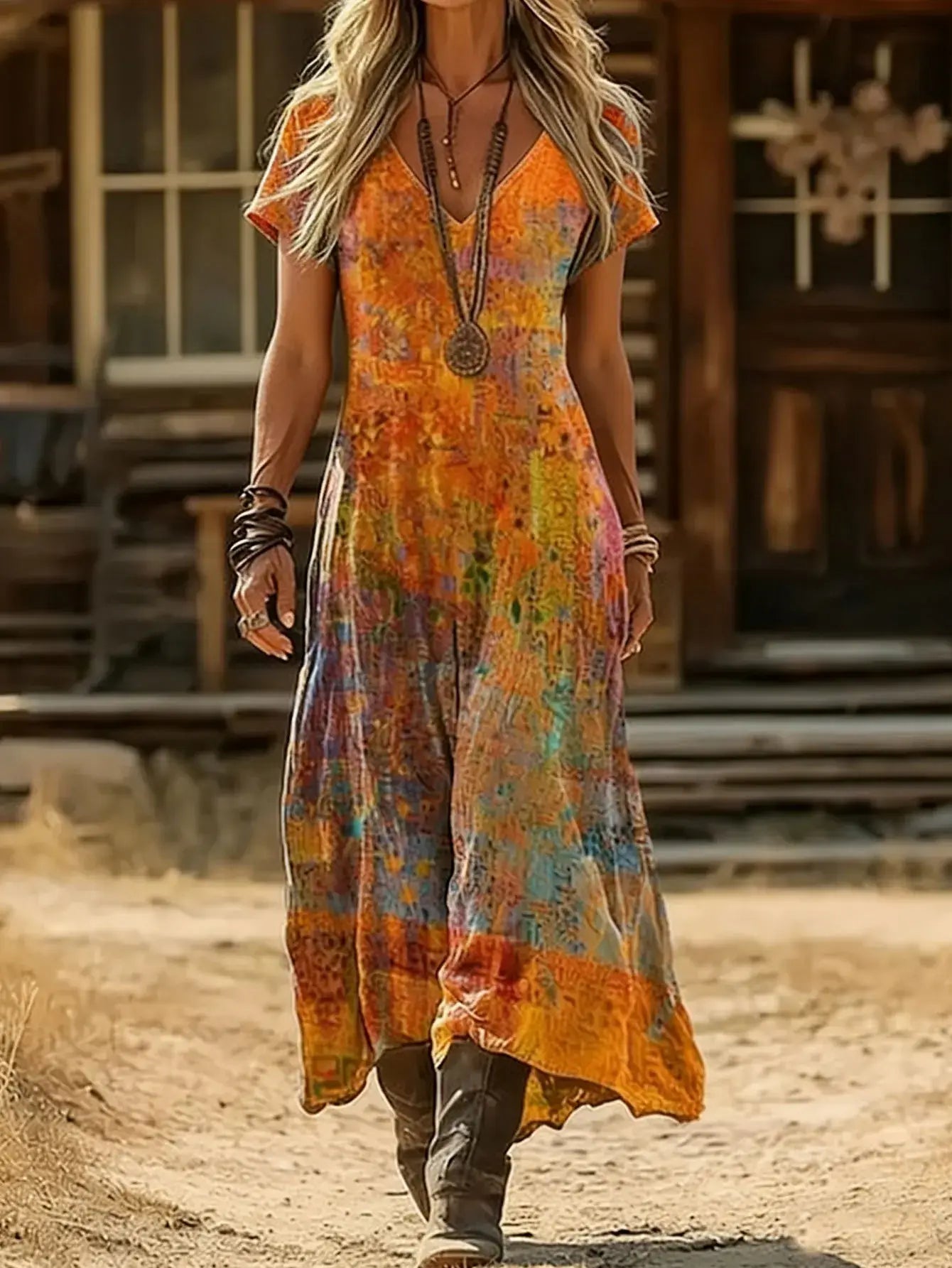 Plus Size Sommer Neuheit Retro Ethno Batik Kleid V-Ausschnitt Kurzarm Locker Boho Urlaub Maxirock