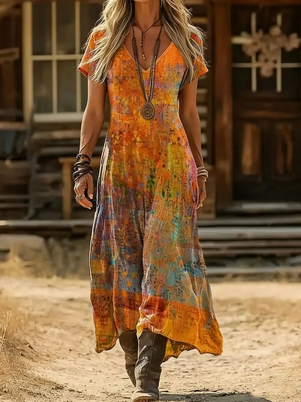 Plus Size Sommer Neuheit Retro Ethno Batik Kleid V-Ausschnitt Kurzarm Locker Boho Urlaub Maxirock