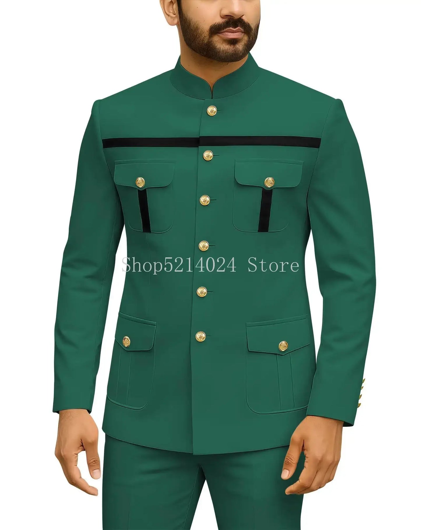 Herren Safari-Anzug 2-teilig Regular Fit Chinakragen Goldknopf Blazer Hose Set Afrikanische Outfits