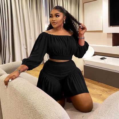 CM.YAYA Plus Size Women's Set Long Sleeve Slash Neck T-Shirt and Shorts  Summer Ruched Two 2 Piece Set Outfits Tracksuit