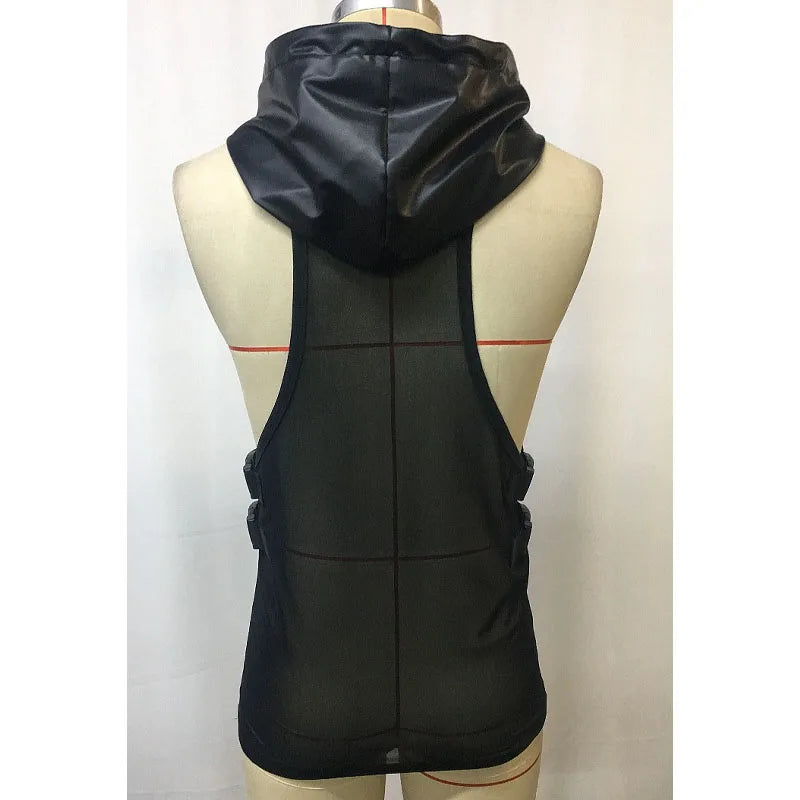 Men's Leather Stitching Net Shirt Motorcycle Leather Vest Top Sexy See-through Hooded Vest Muscular Men Fitness Vest Tank Top Me