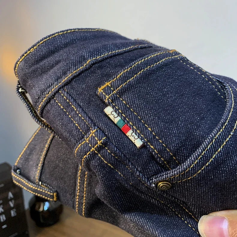 High end light luxury men jeans autumn new item dark blue fashion printed casual straight slim fit cotton washed denim pants