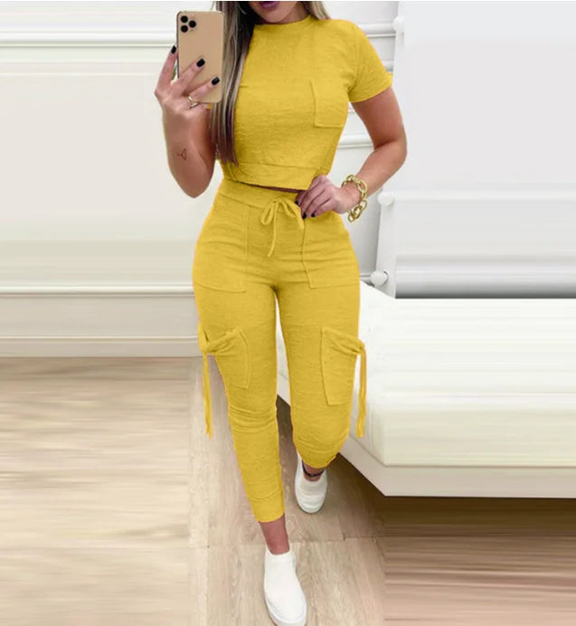Tight Solid Color Two Piece Set Women Cropped T Shirt Slim Long Pants Pocket Ladies Sets 2025 Spring Summer Sportswear