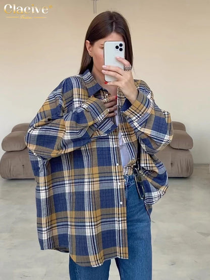 Clacive Fashion Loose Plaid Women'S Blouse  Elegant Lapel Long Sleeve Office Shirts And Blouses Vintage Oversize Top Female