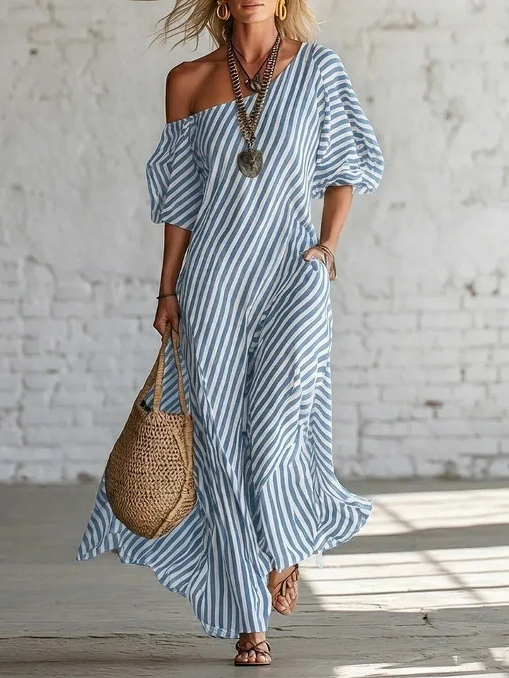 Summer Woman Dress Long Striped Off Shoulder Dresses Short Sleeve Maxi Dress Wrap Style Pink Striped Shirt Dress 's Women's