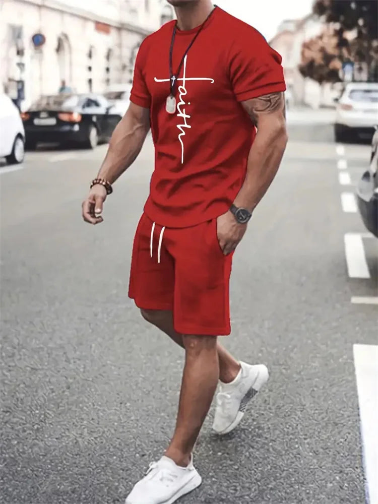 Mens T Shirt Shorts Set Fashion Mens Cross Printed Short Sleeve Two Pieces Oversized Outdoor Beach Sports Men's Plus Size Suit