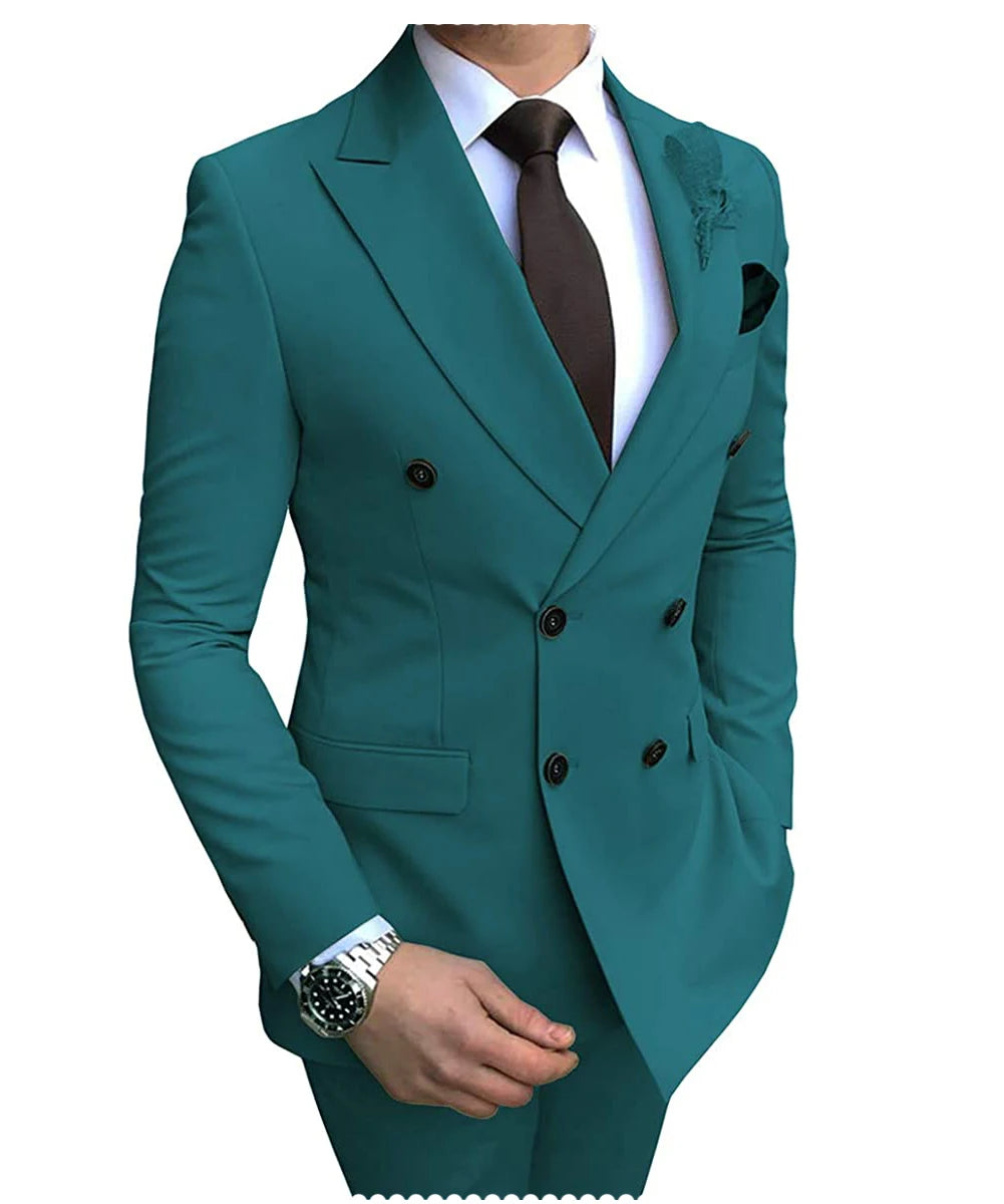 New Beige Men's Suit 2 Pieces Double Breasted Notch Lapel Flat Slim Fit Casual Tuxedos For Wedding(Blazer+Pants)