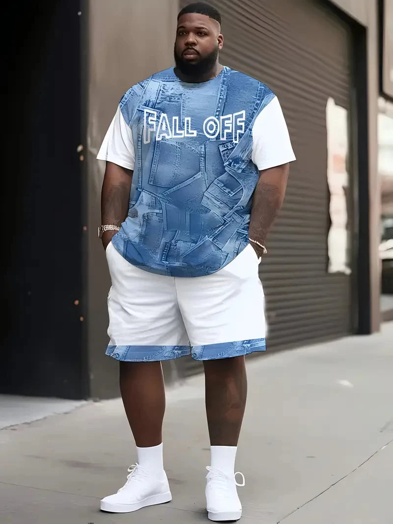 Denim Graphic T-shirt And Shorts 2-piece Set 2025 Plus Size Men's Clothing Casual Loose Drawstring Waist Shorts Short Sleeve Top