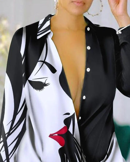 Spring Autumn Fashion Letter Print Long Sleeve Shirt Dress Robe Womens Turn-down Collar Buttons Front Casual Dresses Female