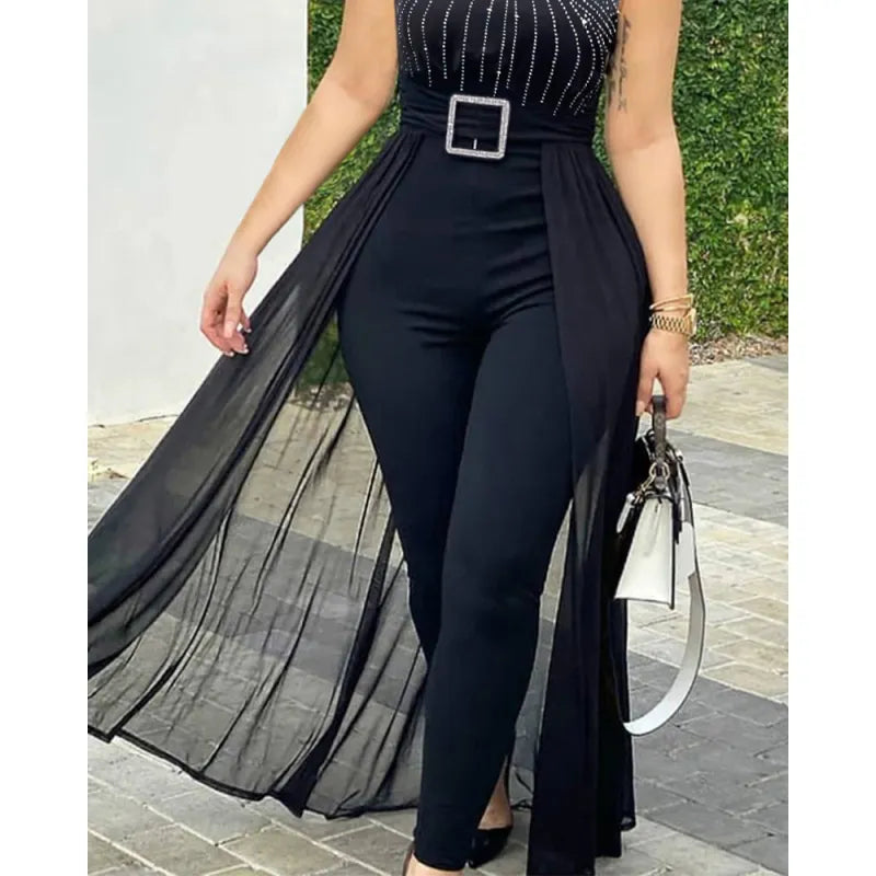 2023 New Fashion Women Sexy Rhinestone Sheer Mesh Sleeveless Jumpsuit Rompers Ladies Elegant Solid Jumpsuit