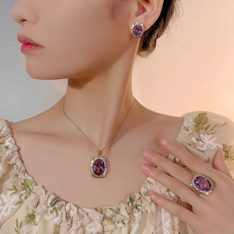 New copper plated platinum ring necklace earrings simulation bird's nest cut dried rose zircon jewelry light luxury high-end set