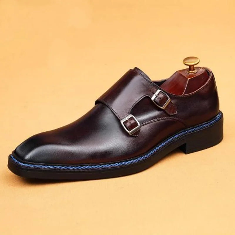 High-end Cowhide Leather Shoes For Men Square Toe Double Monk Strap Shoes Mens Dress Shoes Slip On Business Formal Shoes
