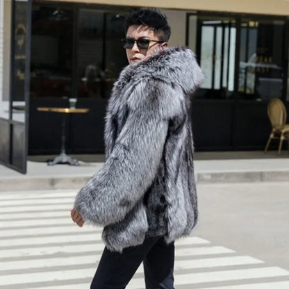 Fur Coat Men Autumn Winter Hooded Thick Faux Fox Jacket Long Sleeve Warm Luxury Fur Black Parkas Bontjas Furry Shaggy Outerwear