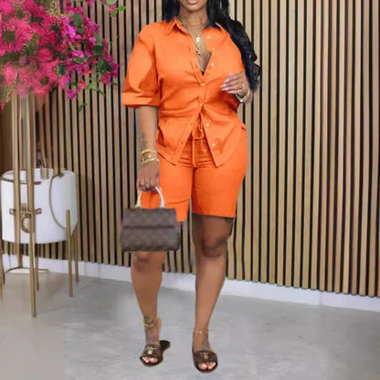 Solid Color Casual Loose Short Pants Sets For Women  Elegant Summer Women's Two Pieces Suit Full Set Female Outfit Clothes