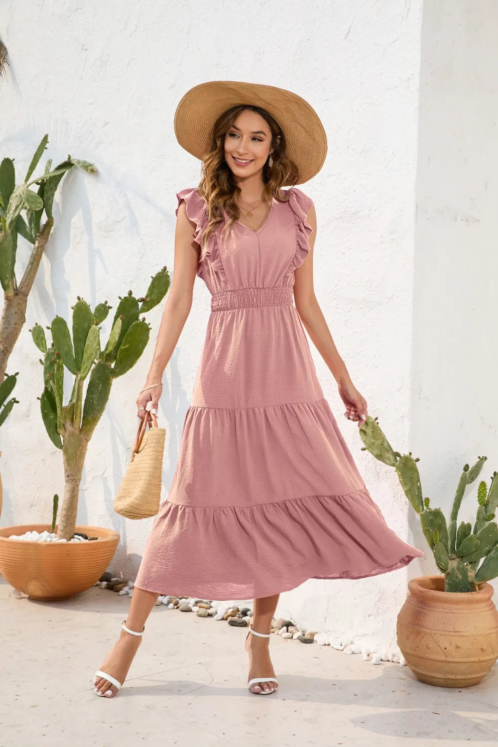 Summer Woman Dress V Neck Sleeveless Red Dresses High Waist A Line Green Maxi Dress Tiered Skirt Boho Black Casual Dress