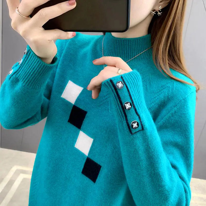 Autumn Winter Color Block Knitted Sweater Pullovers Women's Clothing 2023 New Fashion Long Sleeved All-Match Casual Female Tops