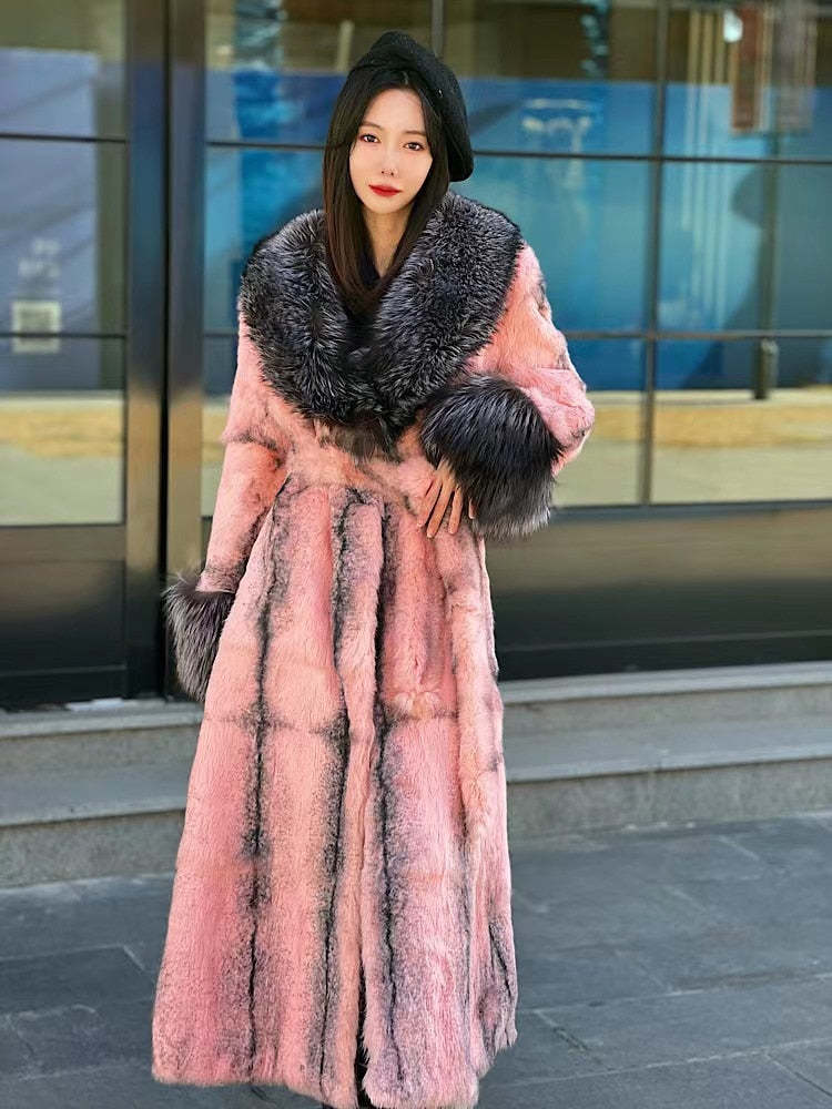 Furyoume Winter New Real Rabbit Fur Coat X-long Thick Warm Natural Fur Jacket With Fox Fur Collar/cuffs Luxury Fur Belt Fashion