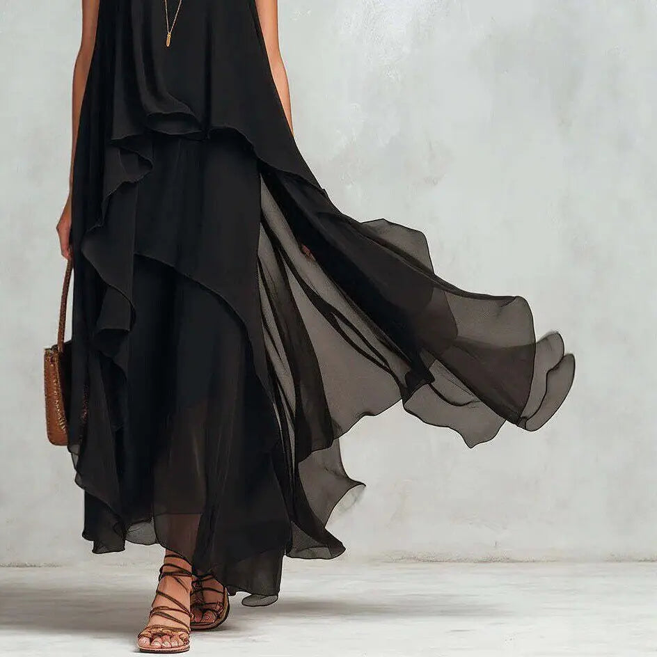 Woman Elegant Solid Dress Summer Casual O Neck Sleeveless Asymmetrical Ruffle Layered Chiffon Maxi Dress Holiday Party Dress