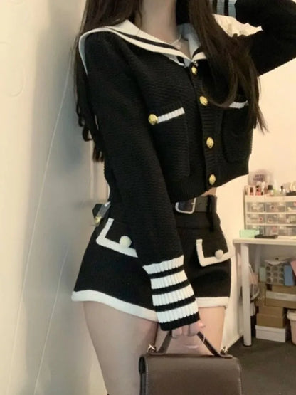 Sweet Sailor Collar Long Sleeve Knitted Cardigan Tops+ High Waist Slim Fit Shorts for Women  Autum New Two Piece Sets