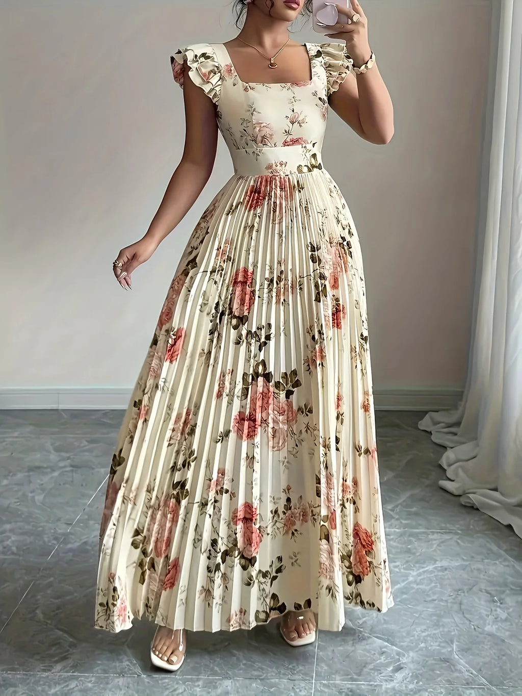 Elegant Beige Floral Pleated Midi Dress with Ruffle Square Neck and Stretch High Waist Slim Fit Party Evening Gown