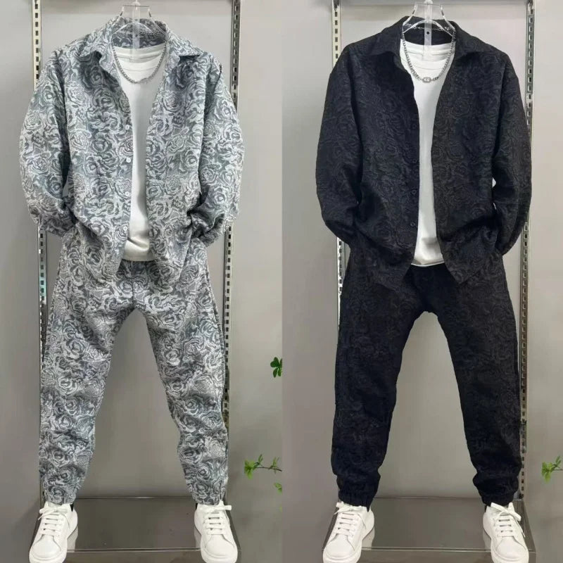 New Men's casual fashion two-piece pants set, sporty lapel jacquard shirt, long-sleeved spring and autumn set