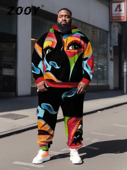 ZOOY (L-9XL) Men's Plus Size Personality Hip Hop Street Cosplay Cartoon Street Graffiti Hoodie Sweatpants Set