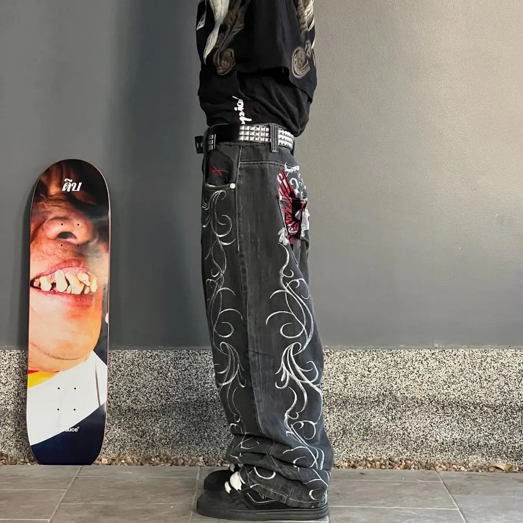 Y2K New Street Harajuku Pattern Jeans Black Baggy Jeans Hip Hop Retro Style Denim Pants Men's and Women's High Waist Wide Pants