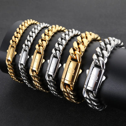 Hip Hop Rock Jewelry Free Custom Logo Name 18K Gold Plated Miami Cuban Link Chain Stainless Steel Bracelet For Men