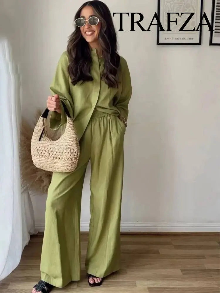 TRAFZA  Women 2 Piece Set Elastic Waist Pocket Folds Decorate Wide Leg Pants+Solid Single-Breasted Slit Hem Blouse Top