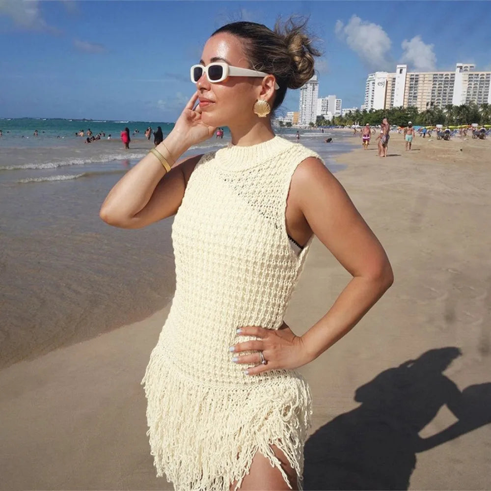 FAGADOER Fashion Tassels Hollow Out Splicing Mini Dresses 2024 Women Round Neck Sleeveless Slim Vestidos Elegant Lady Clothing