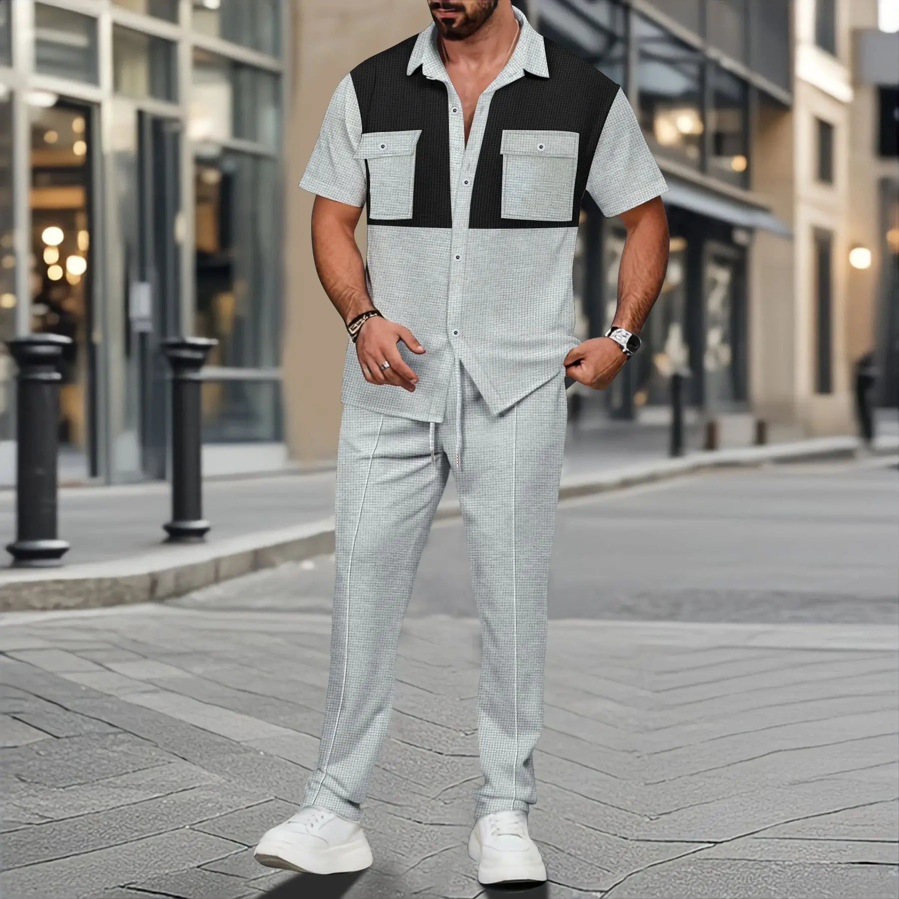 2025 Summer Men's Casual Short-Sleeved Pants Suit Fashion Handsome Tooling Matching Color Shirt Outdoor Cardigan Shirt Two Sets