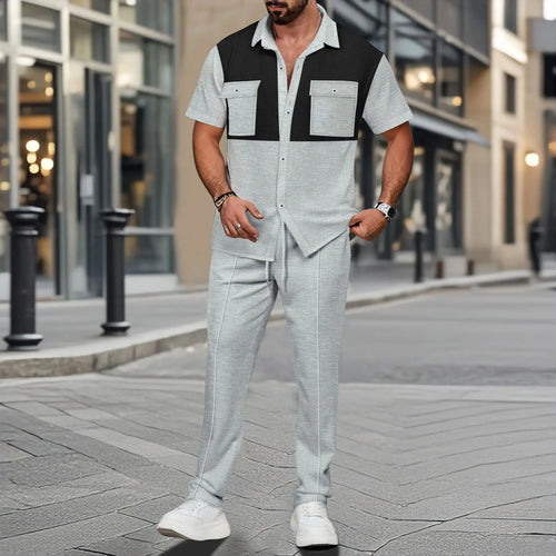 2025 Summer Men's Casual Short-Sleeved Pants Suit Fashion Handsome Tooling Matching Color Shirt Outdoor Cardigan Shirt Two Sets
