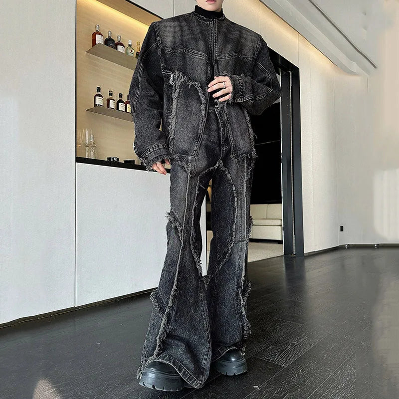 Men's Fringed Denim Set 2026 Spring New American Retro Washed Shoulder Padded Zipper Jacket Splicing Jeans Two Pieces Sets