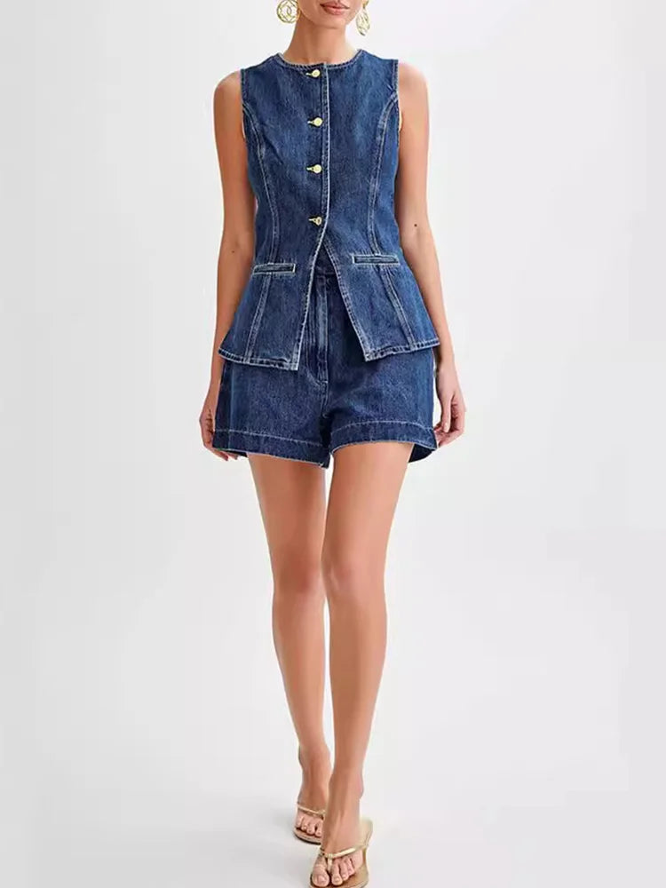 EOTVOTEE Streetwear Slim Sleeveless Denim Top for Women Fashion Casual High Waist Denim Shorts 2025 New Spring Summer Short Sets