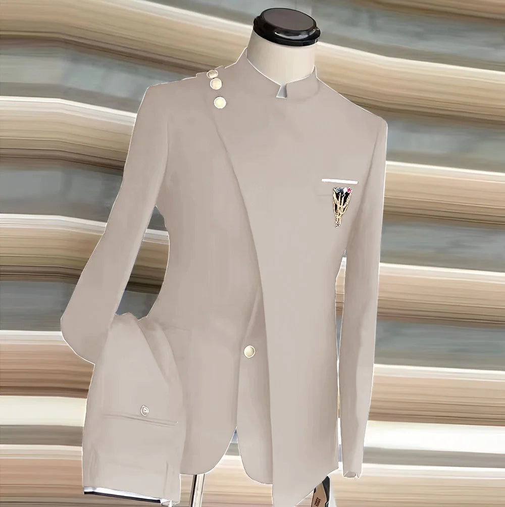 African Style Men's Suit 2 Piece Set Single Breasted Blazer Groom Wedding Tuxedo Gold Button Design Formal Jacket Pants 2 Piece