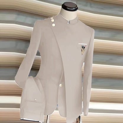 African Style Men's Suit 2 Piece Set Single Breasted Blazer Groom Wedding Tuxedo Gold Button Design Formal Jacket Pants 2 Piece