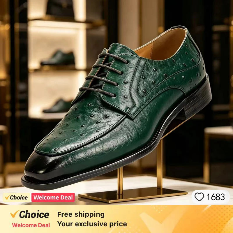 2026 new ostrich leather pattern men's genuine leather formal wear handmade cowhide Fashion casual business leather shoes