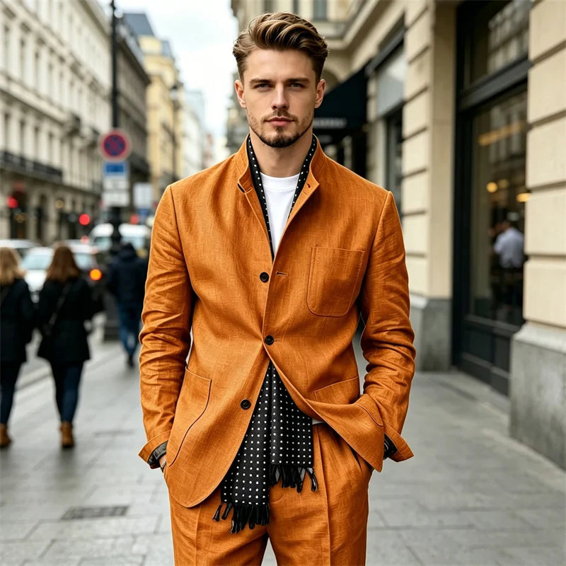 Men's 2 Piece Suit Linen Blend Stand Collar Single Breasted 3 Button Slim Fit Business Casual Vacation Wedding Breathable Outfit