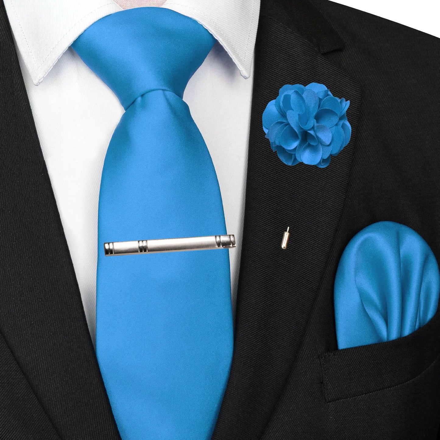 Mens Colors Solid Tie and Lapel Pin Necktie Pocket Square and Tie Clip Sets for Business Casual 4PCS