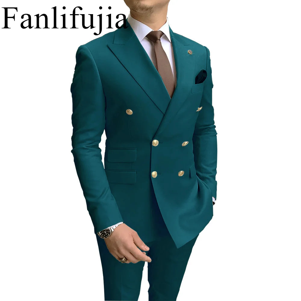 Fanlifujia Store  Casual Sky Blue Men Suits Double Brested Peak Lapel  Gold Button Groom Wedding Tuxedos Best Costume Homme