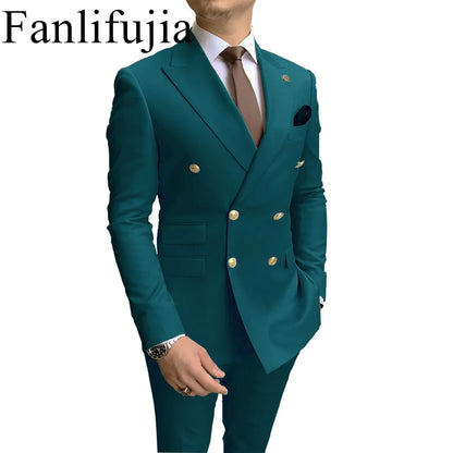 Fanlifujia Store  Casual Sky Blue Men Suits Double Brested Peak Lapel  Gold Button Groom Wedding Tuxedos Best Costume Homme