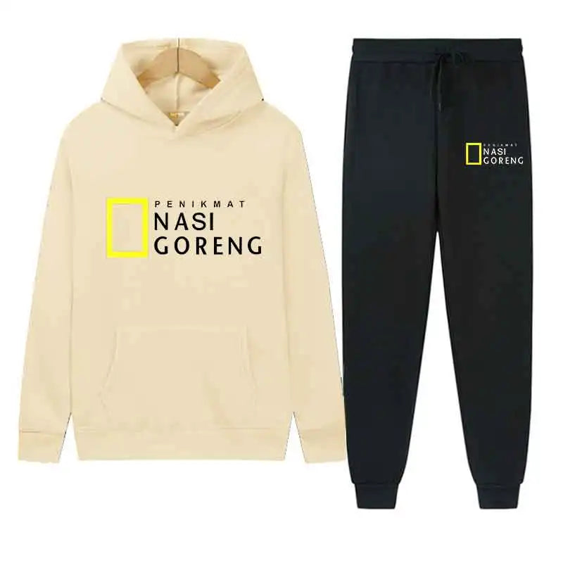 Autumn Men Gray Blue Casual 2PC Sets Trend Hoodie Tops Slim Pants Warm Sweatshirts Street Fashion Concise Printed Sports Suit