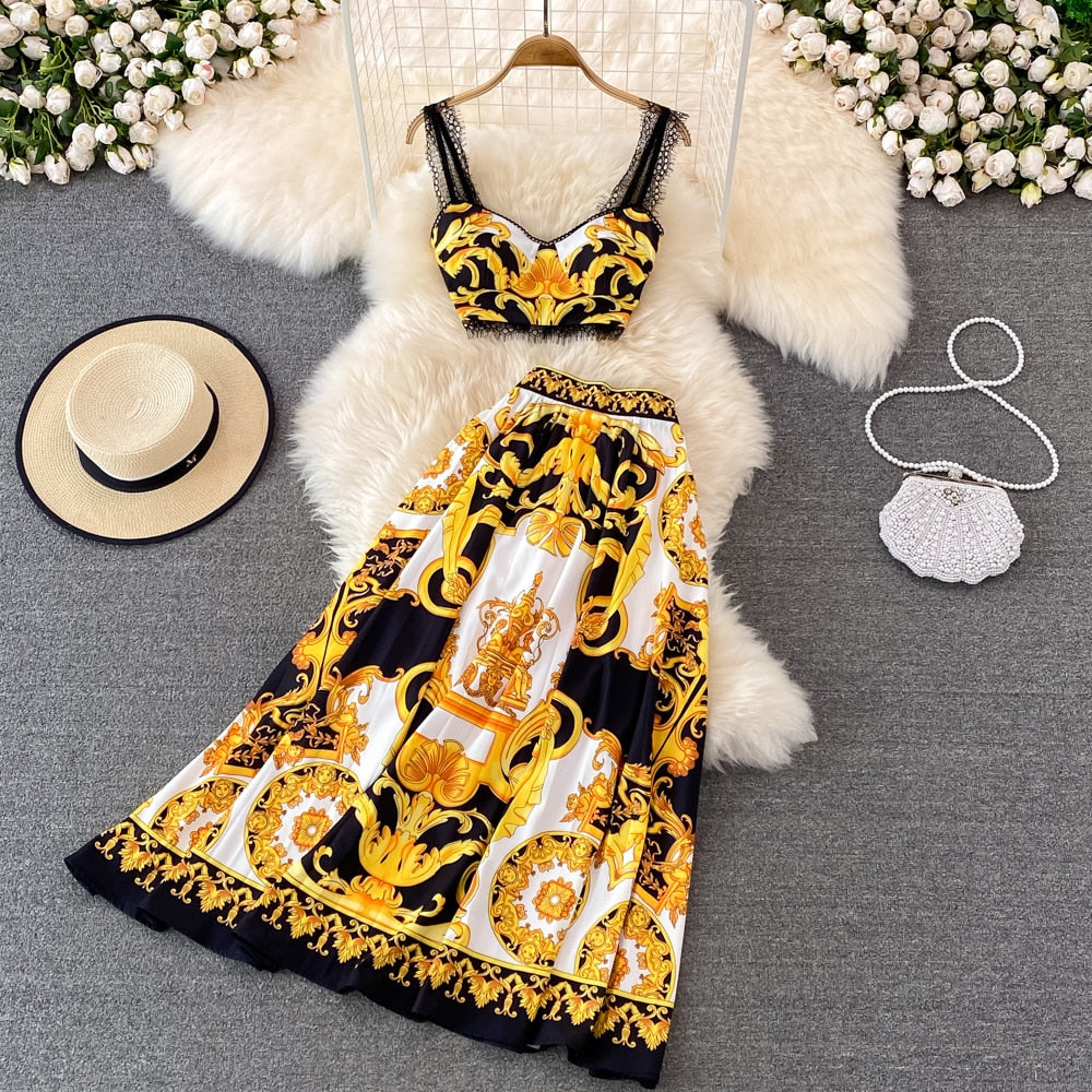 Gold 2023 Summer Fashion Designs Skirts Sets Women Outfits Indie Folk Print Sexy Two Pieces Lace Cropped Top Pleated Skirt Suit