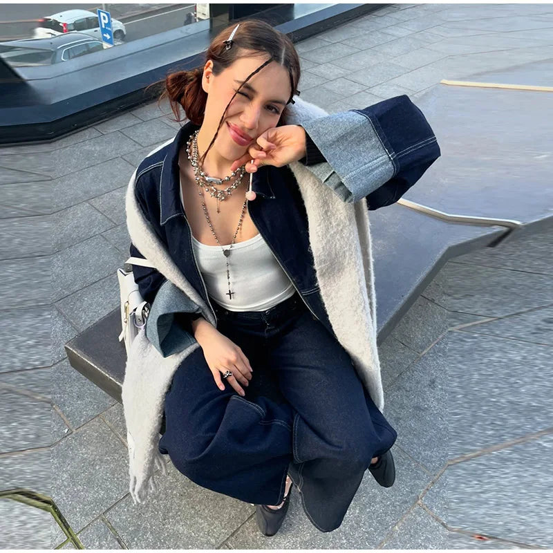 Fashion Denim Jacket Set Women Lapel Single Breasted Long Sleeve Coat Straight Jeans Pants 2025 Spring Lady  High Street Outfits