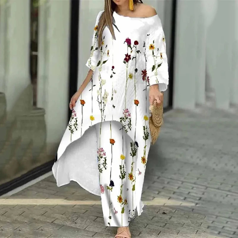 Two Piece Sets O-Neck Long Sleeve Irregular Hem Long Top & Causal Loose Wide Leg Pants Suits Fashion Print Floral Comfort Sets