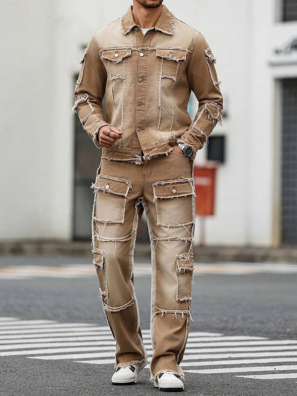 Men's Distressed Patchwork Denim Set - Khaki Washed Frayed Jacket & Wide Leg Jeans Streetwear