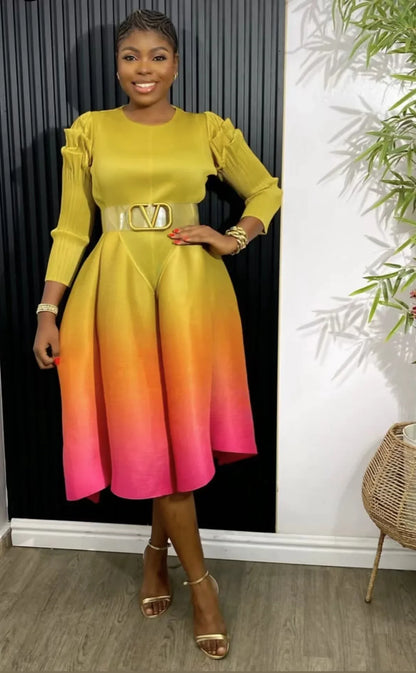 Miyake Pleated Gradual Maxi Dress O-Neck Full Sleeve Loose High Strecth Lantern Dresses for Women  Summer New